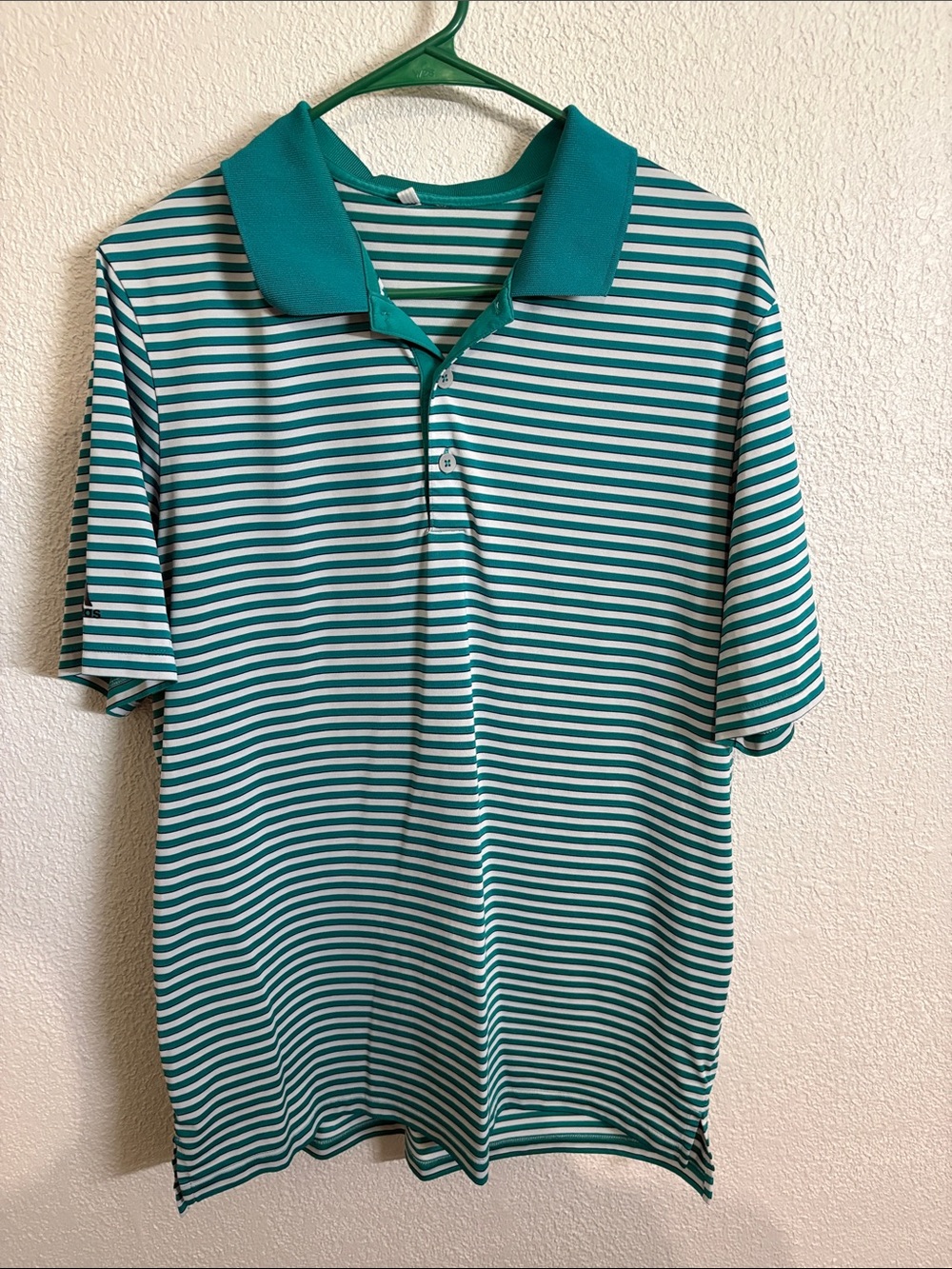 Adidas Teal & White Striped Polo Shirt Lg